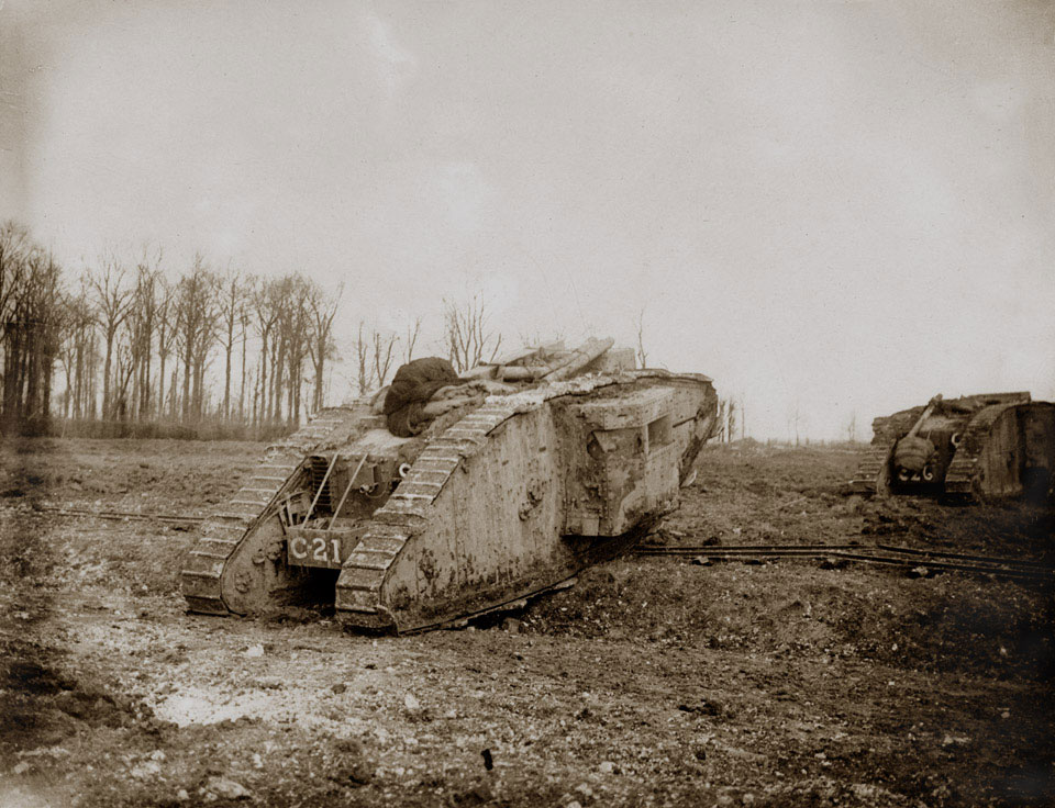 Two 'Mark II Tanks (C21 and C26) of 'C' Battalion The Tank Corps go into action during the Battle of Arras. National Army Museum, Out of Copyright