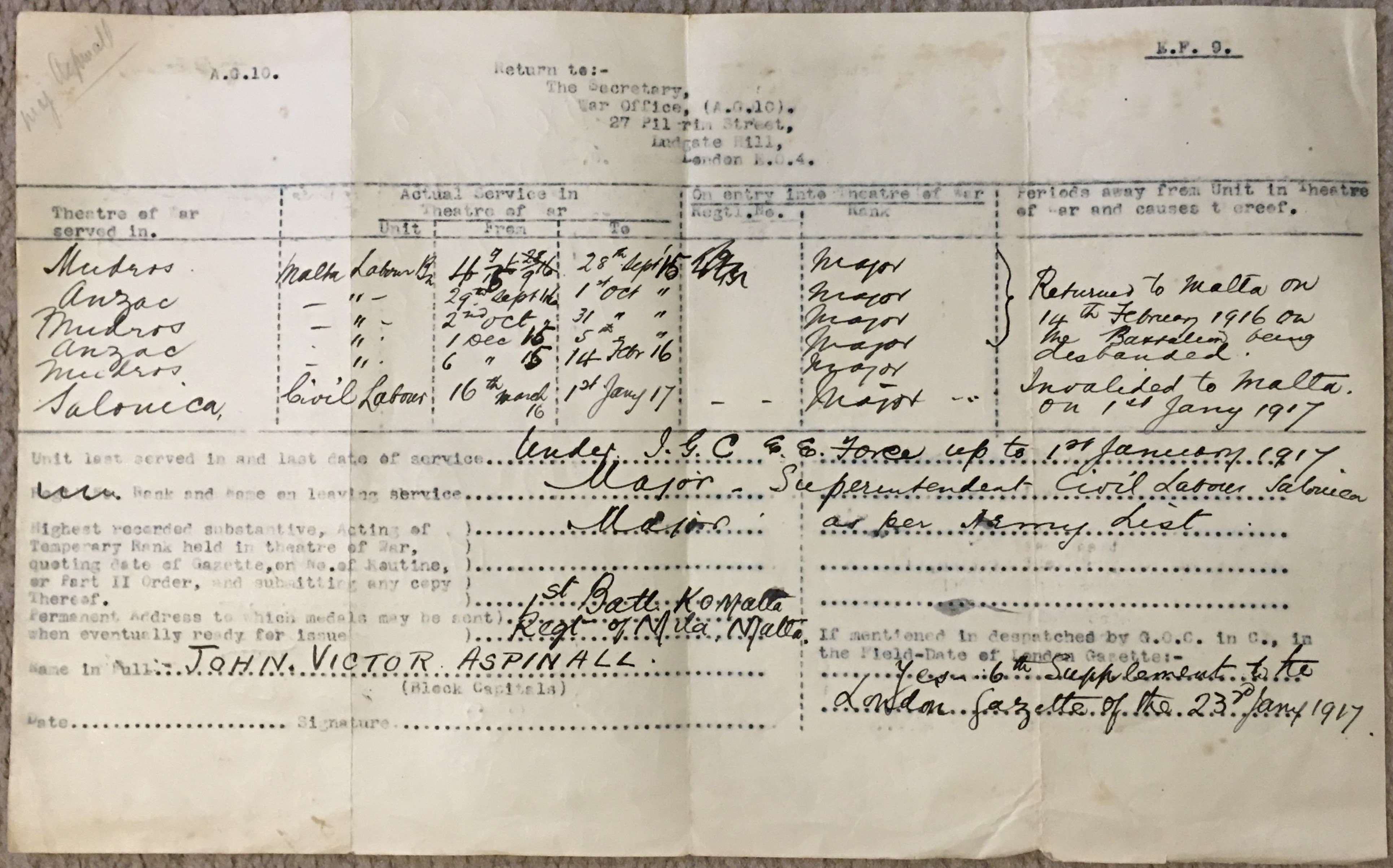 John Victor Aspinall's War Record