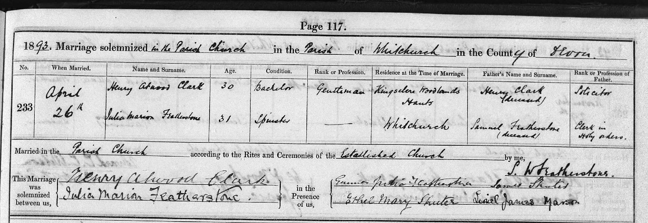 Henry Atwood Clark marriage to Julia Marion Featherstone
