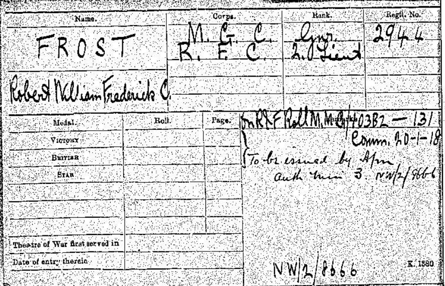 Frost WW1 medals card