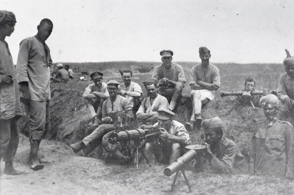 By the end of 1918 the British had deployed 112,000 combat troops in the Mesopotamia theatre. The vast majority of the 'British' forces in this campaign were recruited from India. By From an album compiled by Lieutenant Kindom relating to 7th Meerut Division. - https://collection.nam.ac.uk/detail.php?acc=1983-03-41-2-23, Public Domain