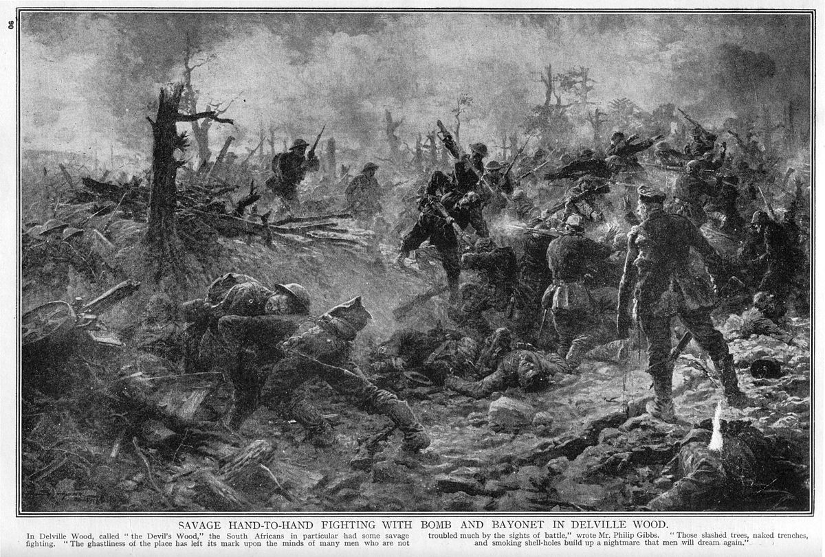 Delville Wood Battle July 1916. By Ed. H.W. Wilson - Official British Military drawing. First published in "The Great War" Ed. H.W. Wilson, 1917, Public Domain