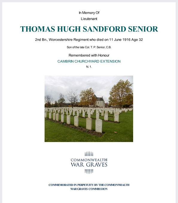 Lieutenant Thomas Hugh Sandford Senior CWGC Certificate