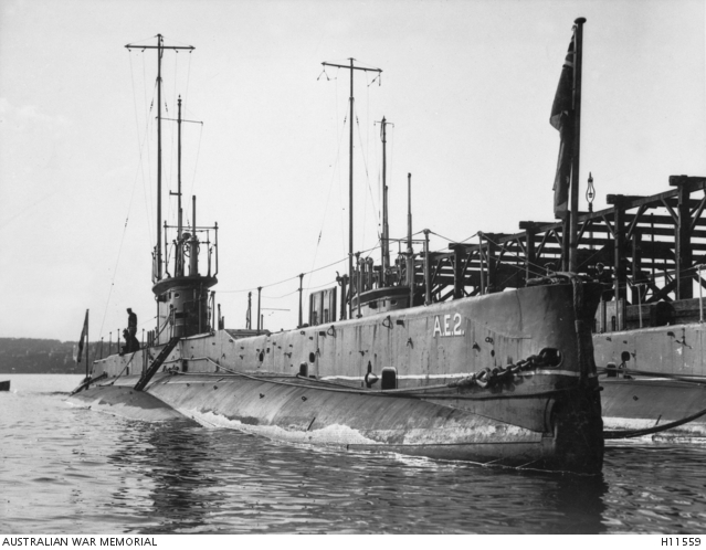 WW1 E-class submarine. HMAS AE 2 1914.  AWM. Photograph H11559. Copyright Expired