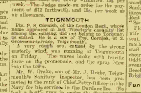 Newspaper clipping. Western Morning Times, November 21st 1916.