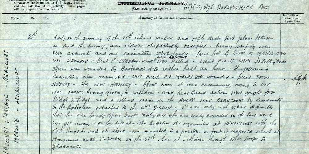 Extract from the 6th Battalion of the Dorsetshire Regiment war diary for 25 March 1918 