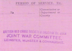 Serena's VAD record card stamped "British Red Cross Joint War Committee, Leinster Munster & Connaught."