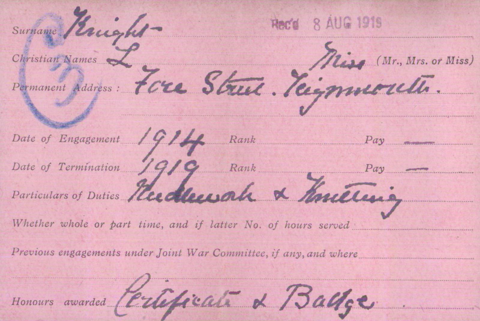 VAD record card