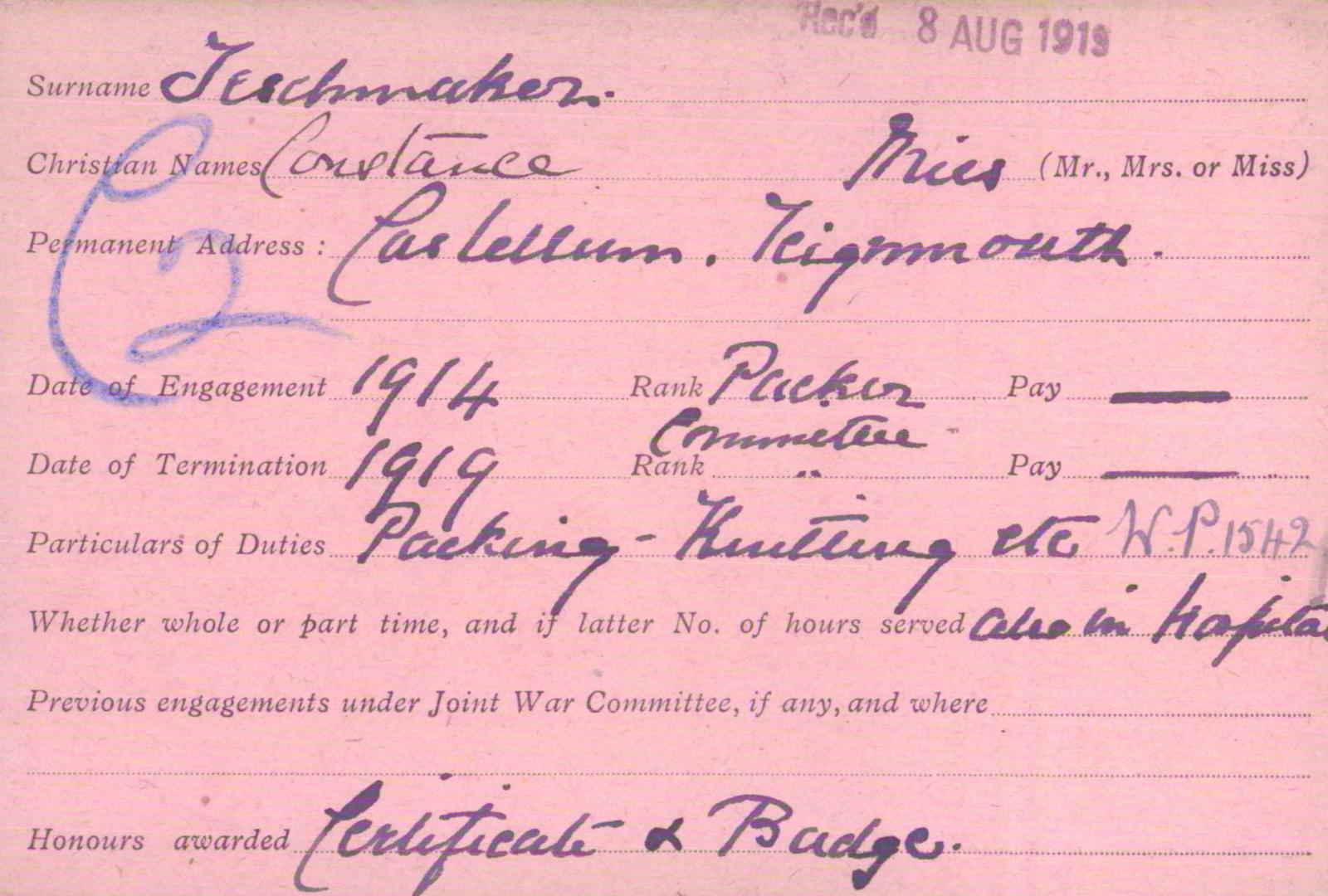 Voluntary Aid Detachment (VAD) Card. ©2018 British Red Cross (CC BY-NC 2.0 UK)